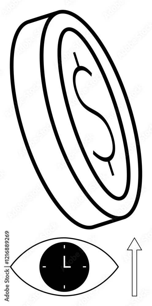 Coin with dollar sign, clock inside eye, and upward arrow representing financial growth, time management, and strategic vision. Ideal for business, wealth, success, productivity entrepreneurship Coin with dollar sign, clock inside eye, and upward arrow representing financial growth, time management, and strategic vision. Ideal for business, wealth, success, productivity entrepreneurship