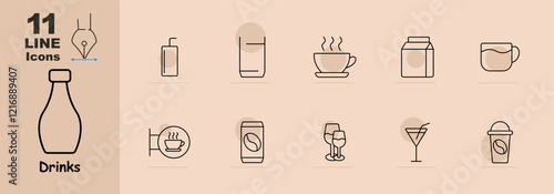 Drinks set icon. Bottle, juice, glass, tea cup, milk carton, coffee mug, takeaway coffee, wine glasses, martini, and frappe cup. Highlights hot and cold beverages for daily needs