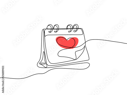 Happy valentines day continuous line drawing. One line art of loose-leaf calendar with heart