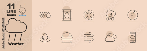 Weather set icon. Raindrops, humidity, snowflake, thunderstorm, thermometer, water droplet, fog, wind, cloudy sky, and weather app. Represents diverse weather conditions and climate tracking