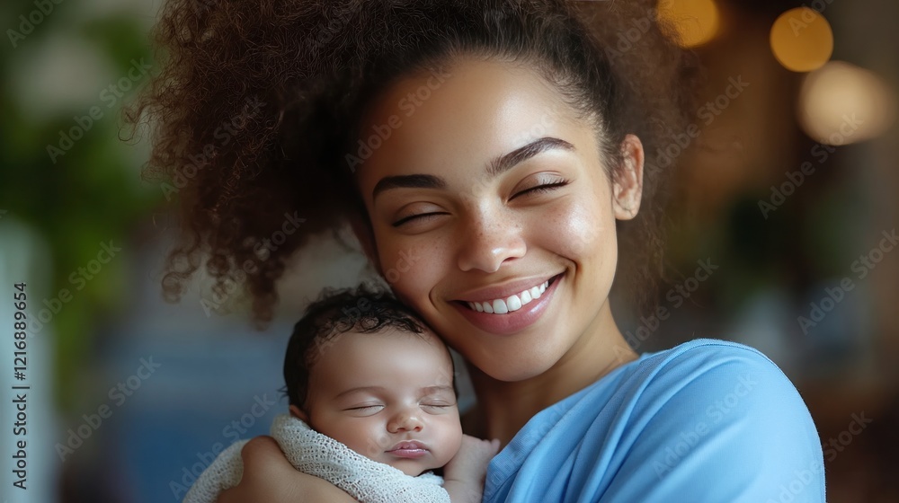 Fototapeta premium Happy mother holding sleeping baby, indoor cafe