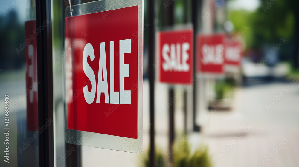 Clearance sale signs displayed prominently in store windows, attracting shoppers with enticing discounts and promotions, reflecting the excitement and urgency of retail bargains.