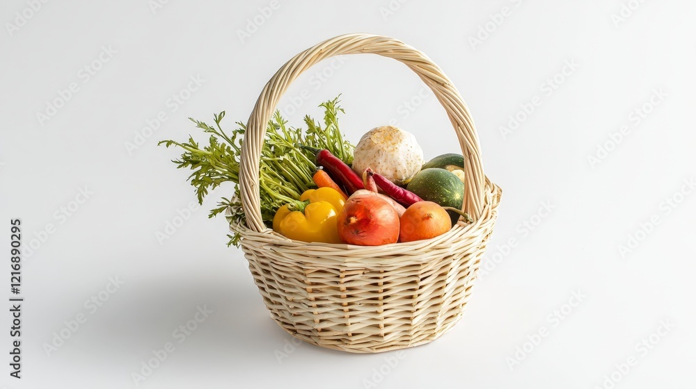 Fresh Organic Vegetables in Basket on White Background Fresh Organic Vegetables in Basket on White Background