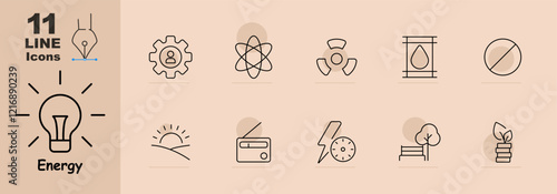 Energy set icon. Lightbulb, gear, atom, turbine, oil, sun, radio, lightning, tree, solar panel, eco investment. Icons show renewable energy, resources, sustainability, and innovation