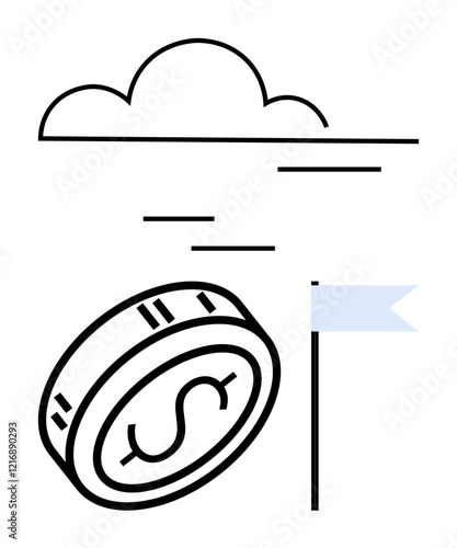 Coin with dollar symbol rolling towards a flag under a cloud. Ideal for business strategy, finance, investment, savings, goal achievement, economic growth, motivation. Line metaphor