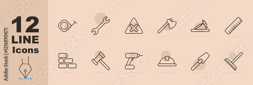 Toolbox set icon. Ruler, wrench, warning sign, axe, drill machine, measuring tools, hammer, spade, plunger, scraper, cutting tool. Represents essential tools for construction and maintenance.