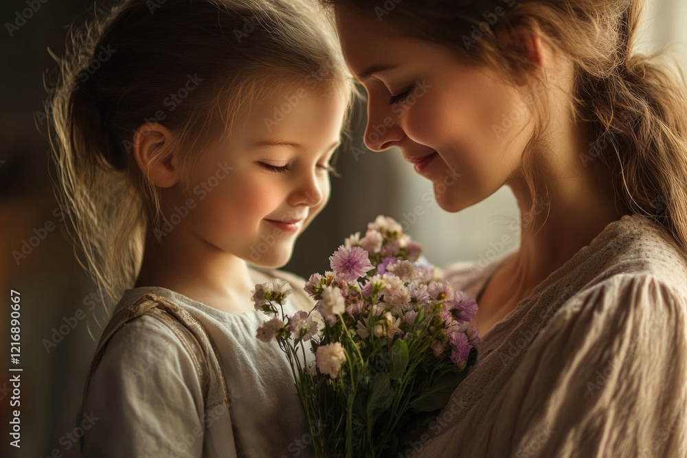 little girl giving flowers to her mom. ai generated little girl giving flowers to her mom. ai generated