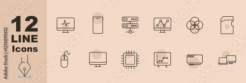 Digital analytics set icon. Monitor stats, smartphone, server, graph, Venn diagram, memory card, mouse, processor, analytics graph, browser tab, dual screens. Highlights data analysis processing tools