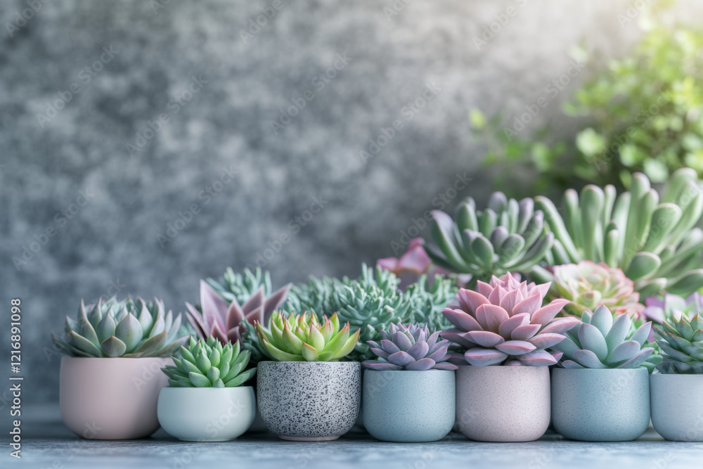 Obraz premium Succulent plants arranged in decorative pots for a fresh indoor display