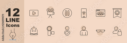 Media and streaming set icon Play, camera, pause, smartphone connection, browser, settings banner, rating, magnifier, user verified, profile, AR glasses, secure account. Streaming, media, AR tools