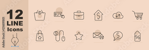 E-commerce set icon Basket, buy button, briefcase, house cost, cloud, shopping cart, bag, currency, price tag, discounts, dollar, deals. E-commerce, shopping, transactions