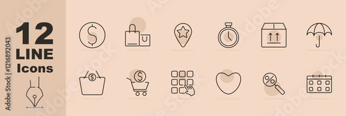 Online shopping set icon Coin, shopping bag, location pin, stopwatch, package, umbrella, basket, cart, favorites, heart, magnifier, calendar. Shopping, delivery, customer service