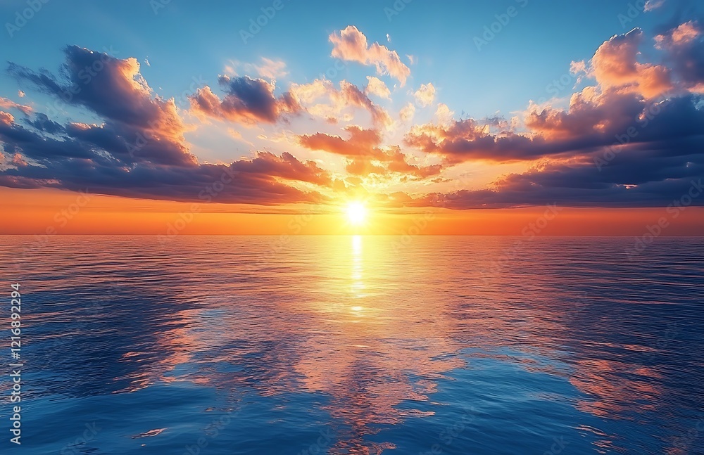 Obraz premium A serene sunrise over the ocean, with reflecting on the calm waters, The sun is just rising on the horizon, casting long shadows across the water's surface. In the background.