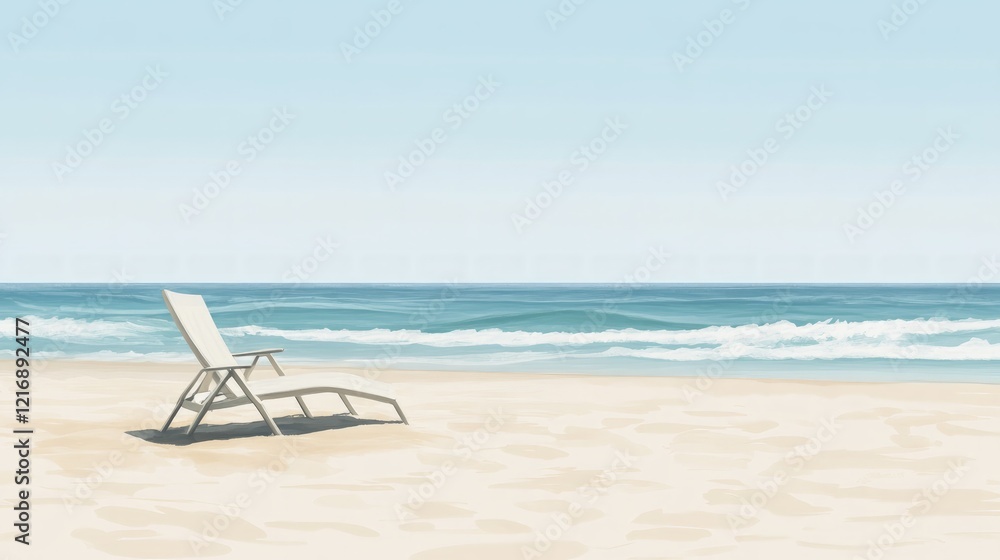 Serene Beach Landscape with Empty Lounge Chair and Calm Ocean Serene Beach Landscape with Empty Lounge Chair and Calm Ocean
