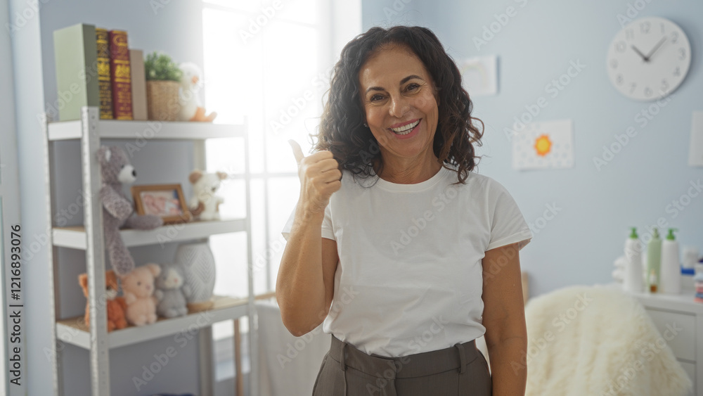 Hispanic woman in bedroom smiling with thumbs up, surrounded by toys and cradle, creating a warm, homely atmosphere. Hispanic woman in bedroom smiling with thumbs up, surrounded by toys and cradle, creating a warm, homely atmosphere.