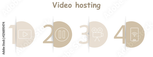 Video hosting set icon. Play button, pause, camera, smartphone, streaming, media, video upload, playback, online access.