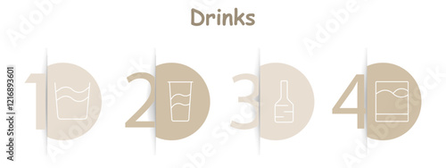 Drinks set icon. Glass with water, tall glass, bottle, square glass, beverages, hydration, refreshment, barware.
