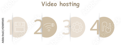 Video hosting set icon. Floppy disk, Wi-Fi signal with alert, gear, intertwined lines, file sharing, settings, online streaming, tools.