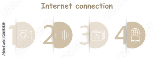 Internet connection set icon. Video camera, soundwaves, video folders, laptop with globe, communication, streaming, multimedia, sharing.