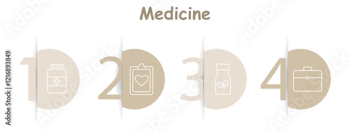 Medicine set icon. Medicine bottle, clipboard with heart, herbal bottle, medical briefcase, health, natural remedies, diagnosis, treatment.