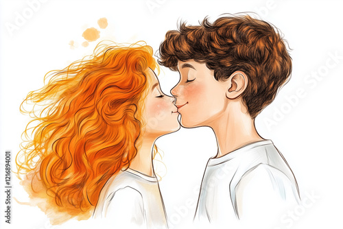 cute cartoon illustration of kids first kiss