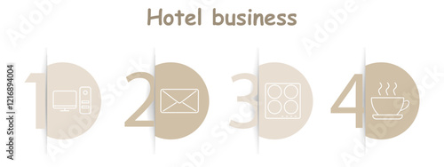 Hotel business set icon. Desktop computer, envelope, stovetop, coffee cup, communication, amenities, kitchen, refreshments, services.