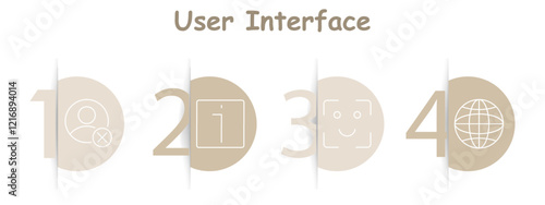 User interface set icon. User with cross, information button, face recognition, globe, account management, info access, digital systems, global network.
