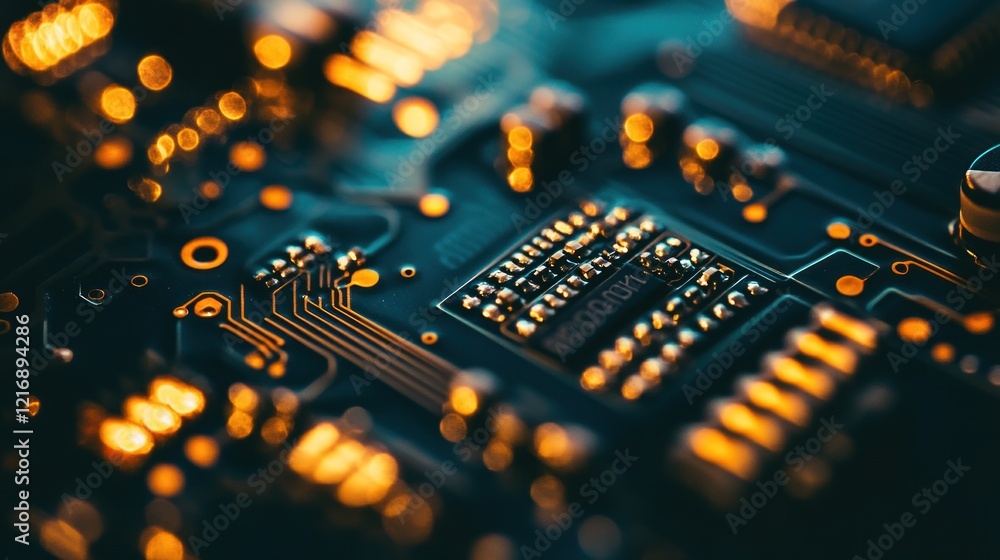 Obraz premium Close-up of Circuit Board with Golden Components