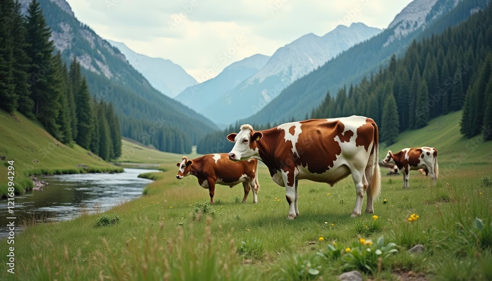 Alpine Cows: Serene Pastoral Scene in a Mountain Valley Alpine Cows: Serene Pastoral Scene in a Mountain Valley