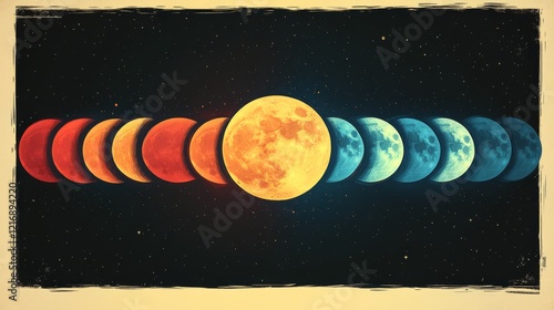 Colorful alignment of celestial bodies showcasing various phases of a lunar cycle against a cosmic background. Appulse planets photo