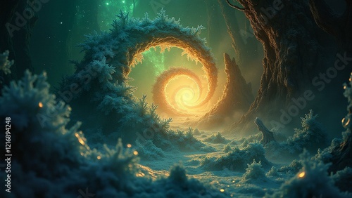 Iridescent colors in crystalline formations with delicate silver lichens and frost-kissed tree trunk.