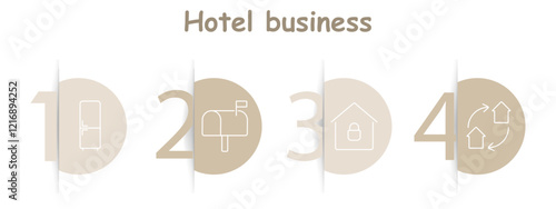 Hotel business set icon. Refrigerator, mailbox, locked house, exchange arrows, hospitality, communication, security, property.