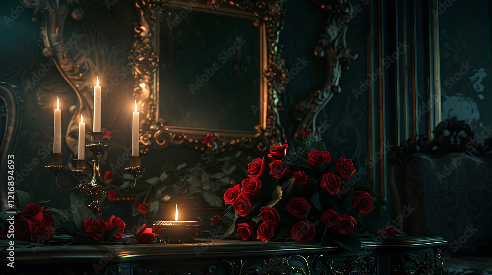 dark room with a gothic-style interior design, featuring antique furniture and a mirror. A bouquet of red roses sits on the table, accompanied by candles dark room with a gothic-style interior design, featuring antique furniture and a mirror. A bouquet of red roses sits on the table, accompanied by candles