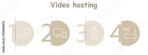 Video hosting set icon. Video interface, multiple devices, USB drive, router with signal, streaming, file transfer, connectivity, hosting