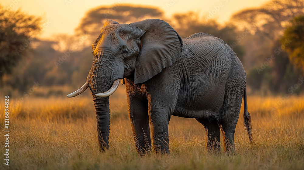 Obraz premium Close-up of a solitary African elephant in the golden savanna during sunset.