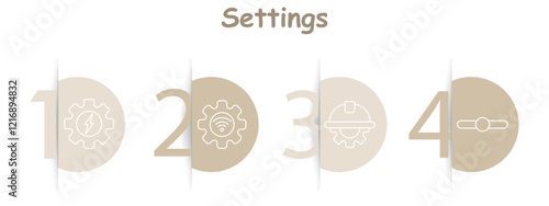 Settings set icon. Gear with lightning bolt, gear with Wi-Fi signal, gear with helmet, slider, system configuration, adjustments, tools