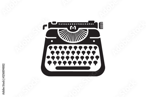 simple and subtle vector silhouette of typewriter in black and white, set against a white background. 