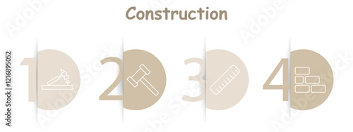 Construction set icon. Hammer with nail, mallet, ruler, bricks, tools, measuring, building, material assembly