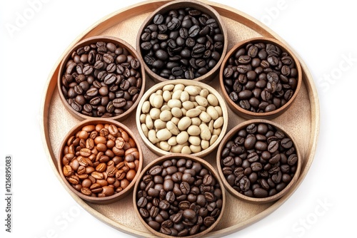 Various types of coffee beans arranged in wooden bowls on a circular tray showcasing different roasting levels photo