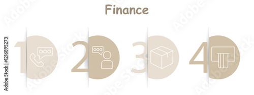 Finance set icon. Phone with chat, user with speech bubble, package box, ATM slot, communication, delivery, banking, withdrawal