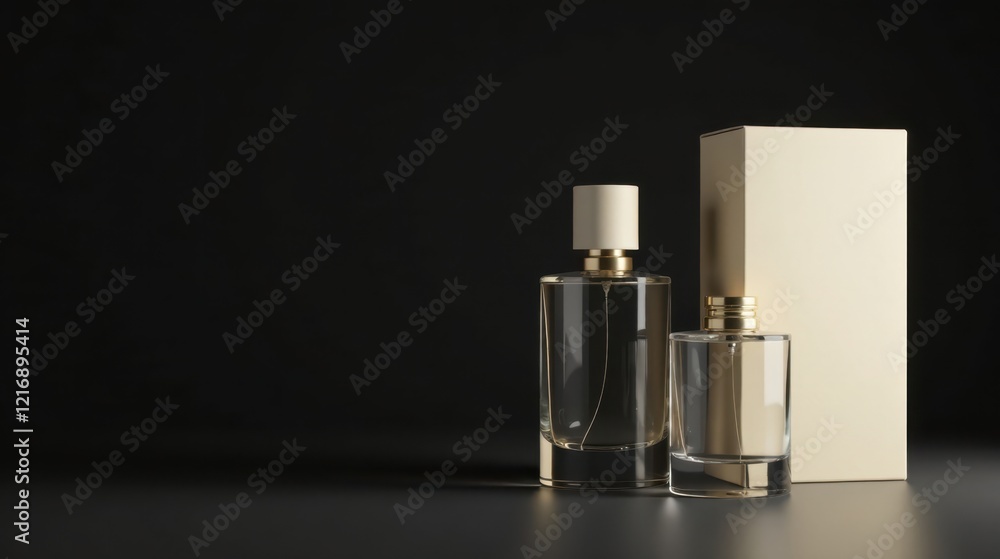 Elegant Perfume Bottles and Packaging on Dark Surface Elegant Perfume Bottles and Packaging on Dark Surface