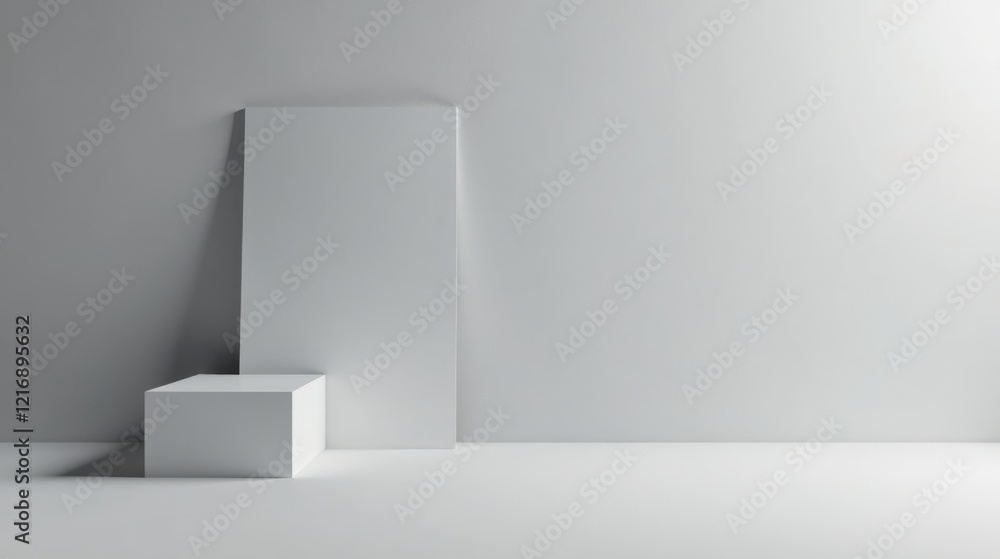 Fototapeta premium Minimalist White Cube and Panel Mockup for Product Presentation in a Bright Studio
