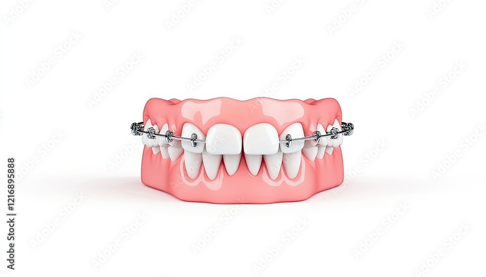 Realistic dental model showcasing braces on teeth, emphasizing oral health and orthodontic treatment Realistic dental model showcasing braces on teeth, emphasizing oral health and orthodontic treatment