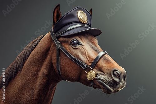 A horse in a police officer cap, with a badge clipped to its collar, on a subtle gray background. picture photo