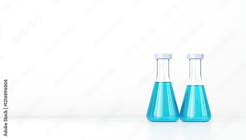 Two laboratory flasks filled with blue liquid on a clean white surface, symbolizing scientific research and innovation Two laboratory flasks filled with blue liquid on a clean white surface, symbolizing scientific research and innovation