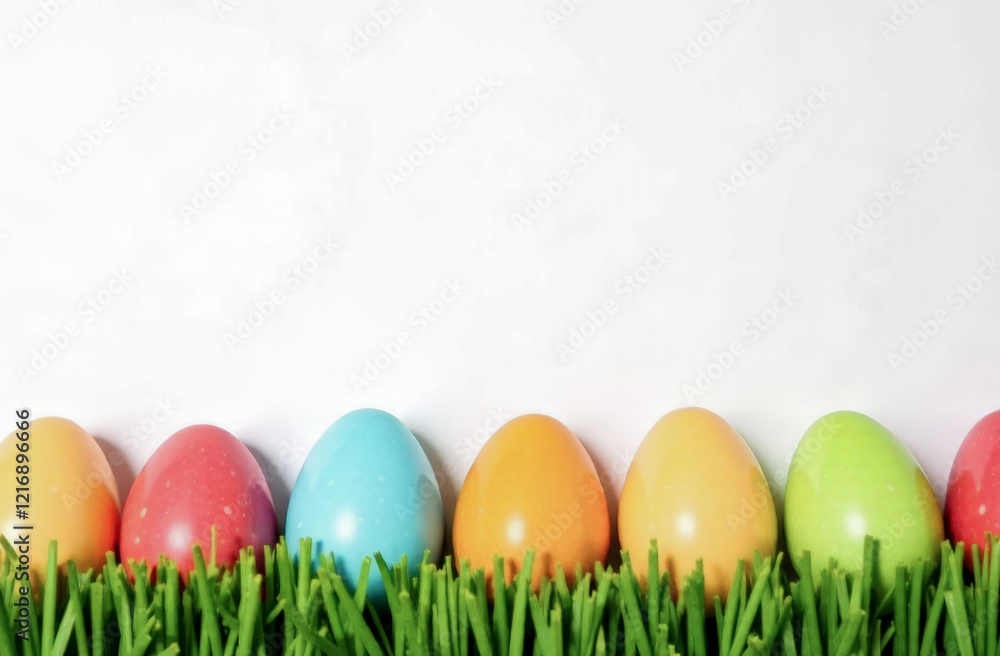 Fototapeta premium Easter card with bright colors and Easter eggs on a white background. free space for text