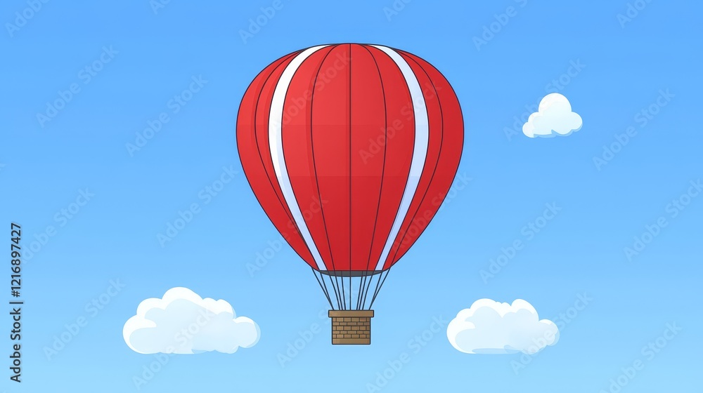 Obraz premium A vibrant red hot air balloon ascends against a clear blue sky, adorned with fluffy white clouds
