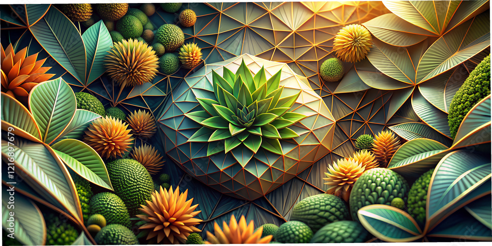 Obraz premium Geometric abstraction showcasing plant textures and forms in vibrant colors reminiscent of nature's design