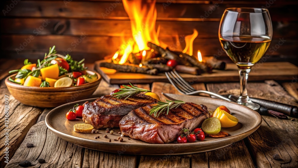 Cozy dinner for two with grilled steak and roasted vegetables on a wooden table set against a warm background, rustic Cozy dinner for two with grilled steak and roasted vegetables on a wooden table set against a warm background, rustic