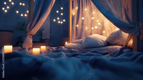 candles on a bed with pillows and blankets photo